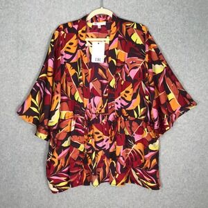 DR2 Satin Kimono Cover Up S/M Cardigan Flowy Tropical Robe Tie Open Ruched Waist